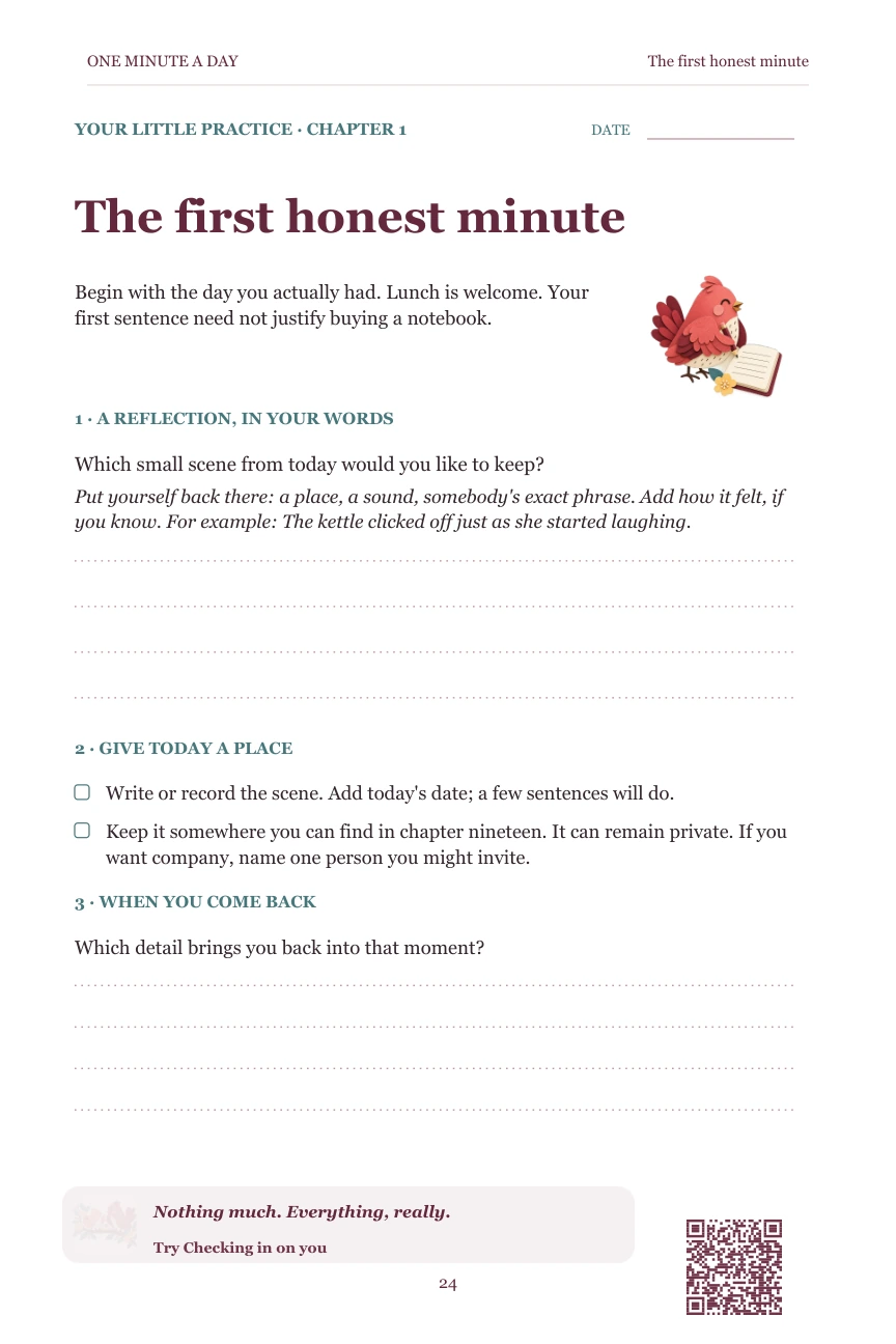 An actual workbook page from the book: The first honest minute, with reflection prompts and ruled space to write