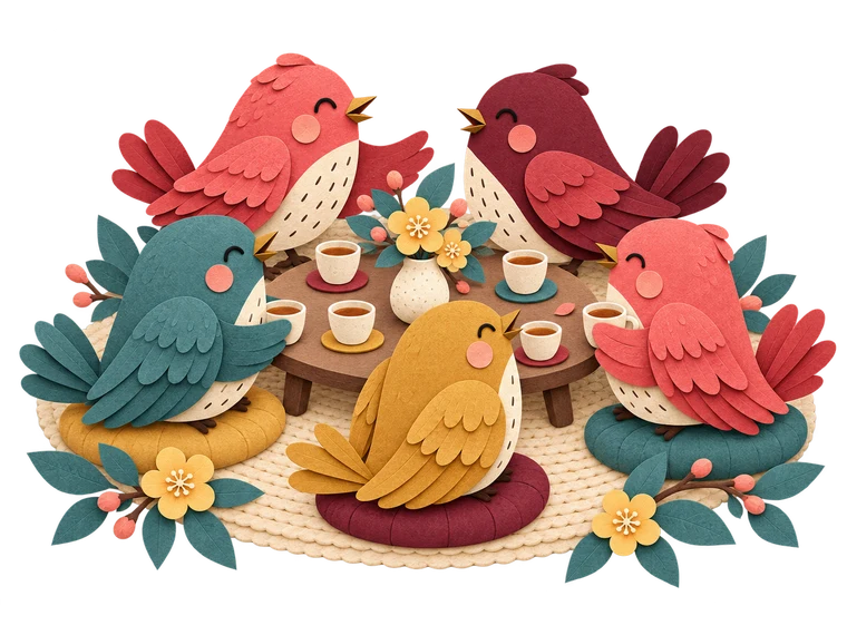 Five paper birds gathered for a friendly little circle
