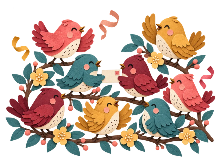 A joyful community of paper birds passing a letter